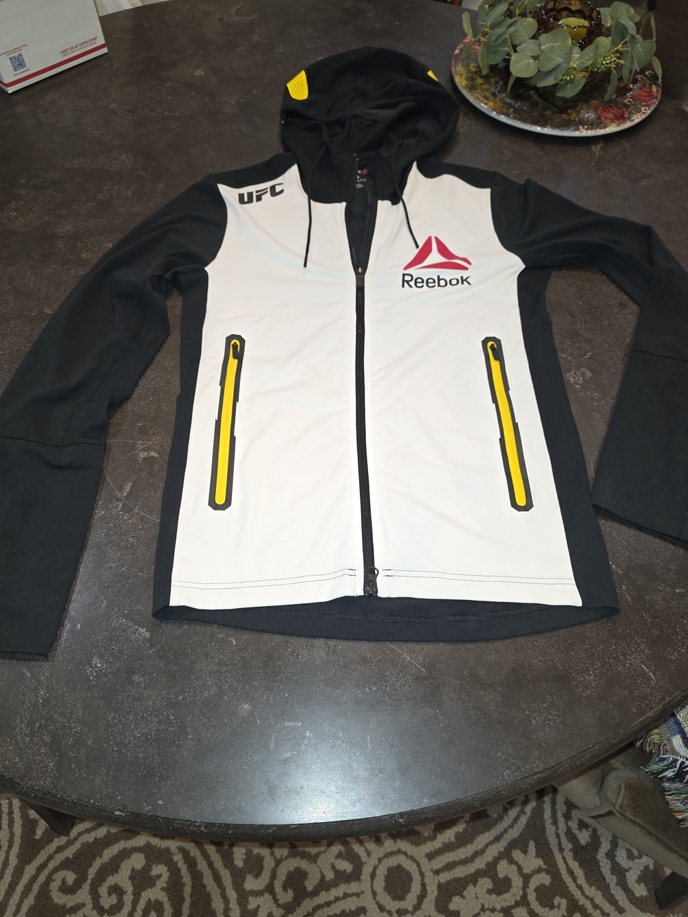 Reebok UFC Black & White Zip Hoodie with Yellow Accents